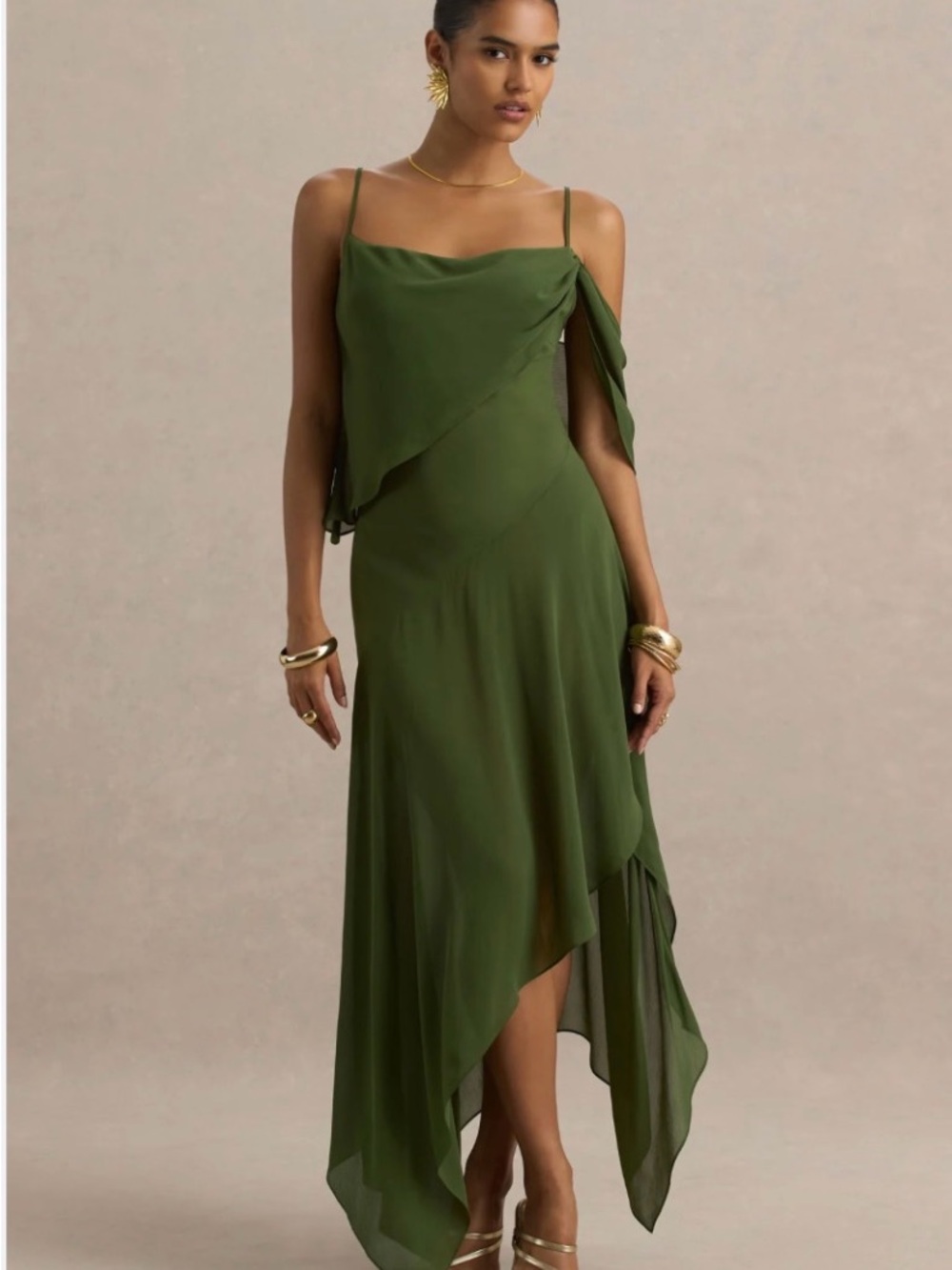 Club L London Olive Green Asymmetric Slip Dress